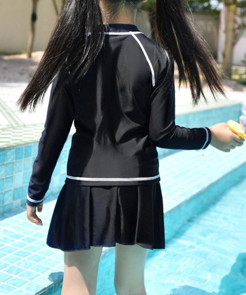 セール】キッズスクール水着 長袖ライン柄ラッシュガード+スカート+