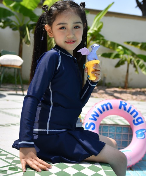 セール】キッズスクール水着 長袖ライン柄ラッシュガード+スカート+