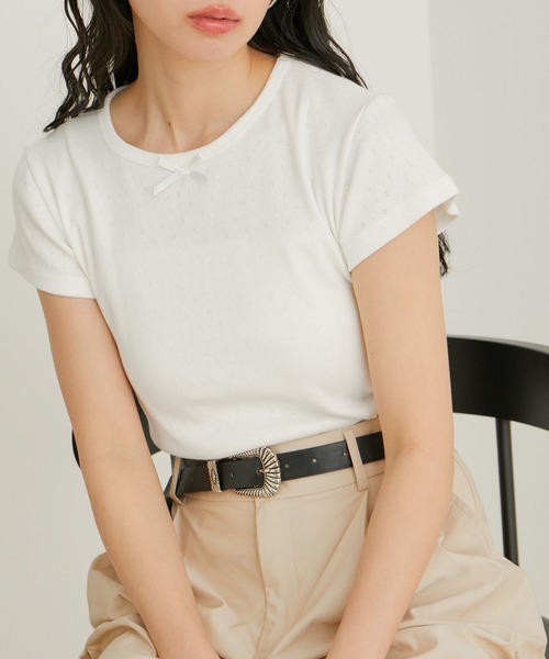 VIS(ビス)の「【WEB/一部店舗限定】パターンメッシュミニTシャツ(Tシャツ/カットソー・レディース・ピンク/ホワイト系その他/ホワイト系その他2/グレー・FREE)」の2枚目の写真