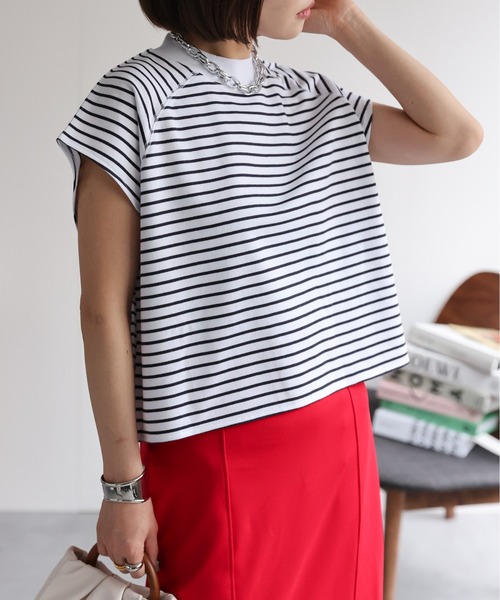 ap retro(アプレトロ)の「【USAコットン】ミニ裏毛フレンチスリーブトップス(Tシャツ/カットソー・レディース・ホワイト/ネイビー×ホワイト/グレー/ブラック・FREE)」の4枚目の写真
