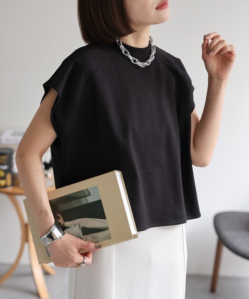 ap retro(アプレトロ)の「【USAコットン】ミニ裏毛フレンチスリーブトップス(Tシャツ/カットソー・レディース・ホワイト/ネイビー×ホワイト/グレー/ブラック・FREE)」の2枚目の写真