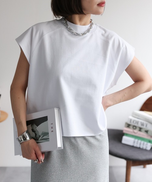 ap retro(アプレトロ)の「【USAコットン】ミニ裏毛フレンチスリーブトップス(Tシャツ/カットソー・レディース・ホワイト/ネイビー×ホワイト/グレー/ブラック・FREE)」の16枚目の写真