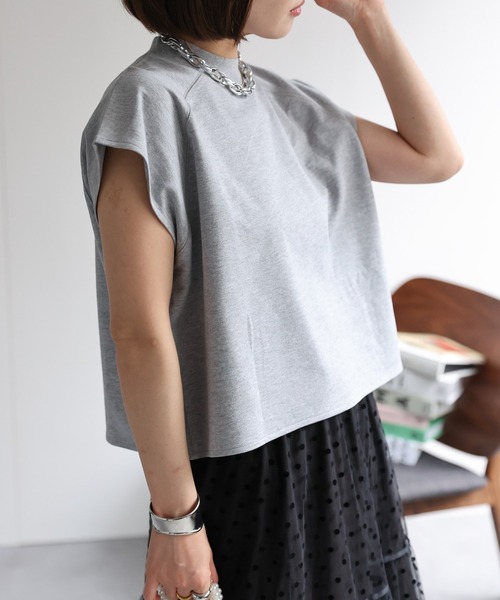 ap retro(アプレトロ)の「【USAコットン】ミニ裏毛フレンチスリーブトップス(Tシャツ/カットソー・レディース・ホワイト/ネイビー×ホワイト/グレー/ブラック・FREE)」の9枚目の写真