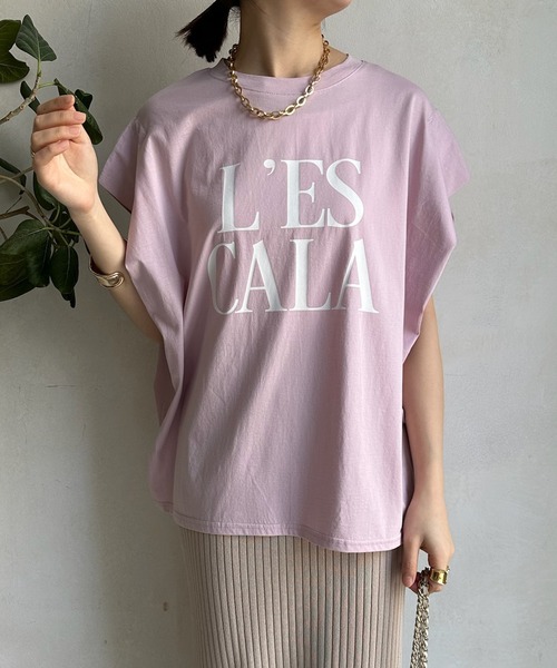 DouDou(ドゥドゥ)の「【WEB限定】 LESCALAプリントフレンチスリーブTEE(Tシャツ/カットソー・レディース・チャコールグレー/ベージュ/オフホワイト/ピンク・FREE)」の4枚目の写真