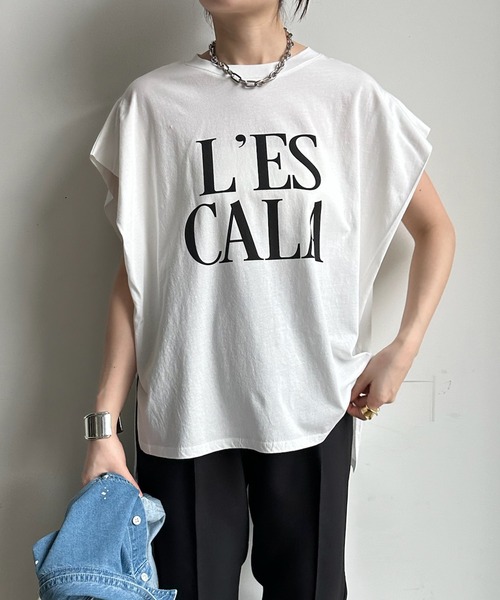 DouDou(ドゥドゥ)の「【WEB限定】 LESCALAプリントフレンチスリーブTEE(Tシャツ/カットソー・レディース・チャコールグレー/ベージュ/オフホワイト/ピンク・FREE)」の9枚目の写真