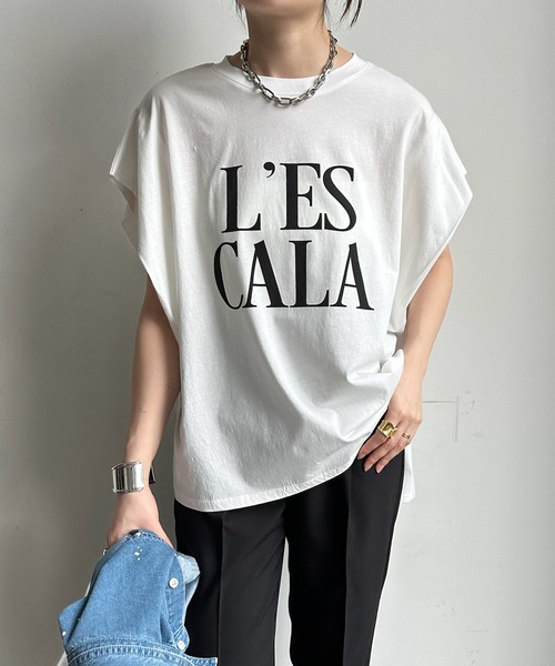 DouDou(ドゥドゥ)の「【WEB限定】 LESCALAプリントフレンチスリーブTEE(Tシャツ/カットソー・レディース・チャコールグレー/ベージュ/オフホワイト/ピンク・FREE)」の10枚目の写真