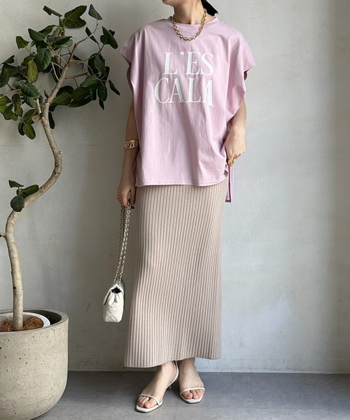 DouDou(ドゥドゥ)の「【WEB限定】 LESCALAプリントフレンチスリーブTEE(Tシャツ/カットソー・レディース・チャコールグレー/ベージュ/オフホワイト/ピンク・FREE)」の14枚目の写真