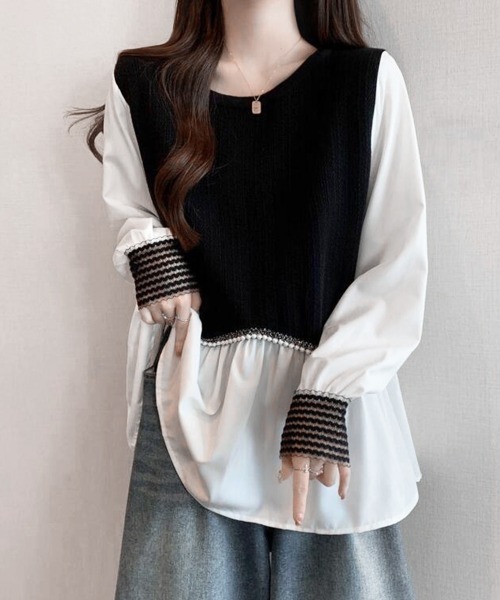 Miniministore(ミニミニストア)の「シャツブラウス 異素材 トップス 長袖(シャツ/ブラウス・レディース・ブラック/ホワイト・FREE)」の2枚目の写真