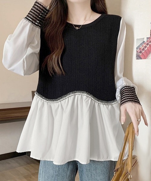 Miniministore(ミニミニストア)の「シャツブラウス 異素材 トップス 長袖(シャツ/ブラウス・レディース・ブラック/ホワイト・FREE)」の3枚目の写真