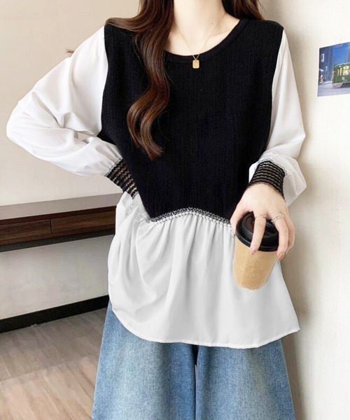 Miniministore(ミニミニストア)の「シャツブラウス 異素材 トップス 長袖(シャツ/ブラウス・レディース・ブラック/ホワイト・FREE)」の5枚目の写真