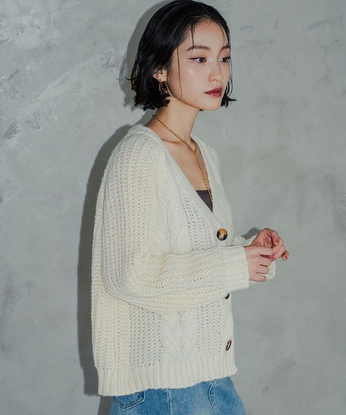 セール】Vネックケーブルニットカーディガン（カーディガン/ボレロ