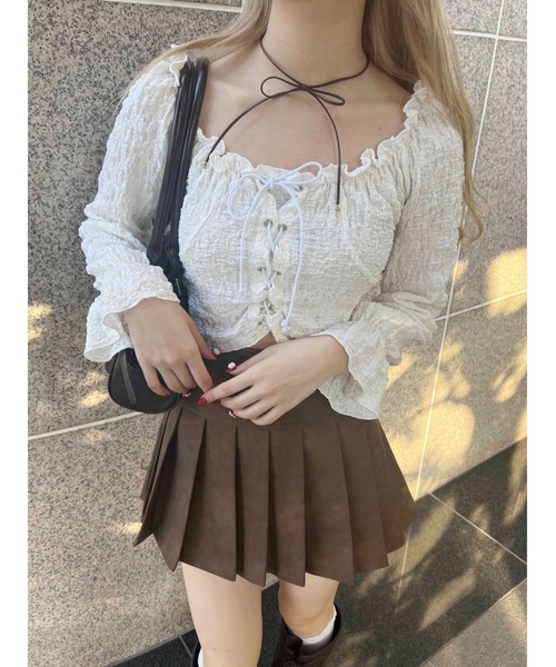 PHILLY（フィリー）の「【PHILLY】クリンクルレースアップトップス（Tシャツ/カットソー・レディース・ホワイト/ブラック・FREE）」の3枚目の写真