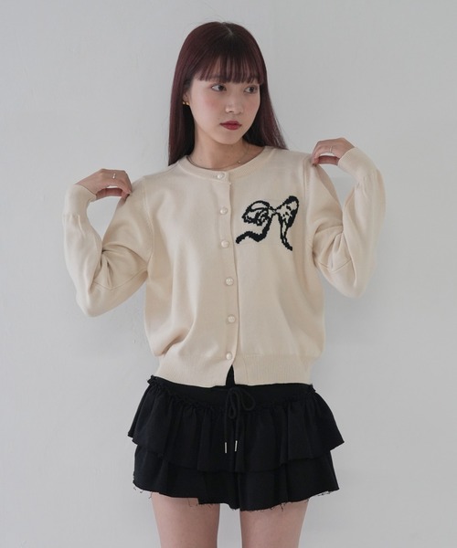 Uenui(ウニュイ)の「【 cunii 】ワンポイント リボン シンプル パール カーディガン(カーディガン/ボレロ・レディース・グレー/ベージュ/ピンク/ブラック・FREE)」の1枚目の写真