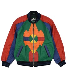 【セットアップ】古着 コーデ ブルゾン 総柄 スカーフ柄 マルチカラー レトロ サテン地ジャケット スカーフ柄 派手 ブルゾン フルジップ