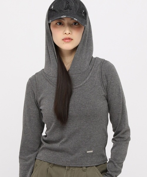 3.3 Field Trip （3.3フィールドトリップ）の「3.3 Field Trip／フード付きレイヤーロングスリーブ（Tシャツ/カットソー・レディース・ブルー/チャコール・FREE）」の2枚目の写真