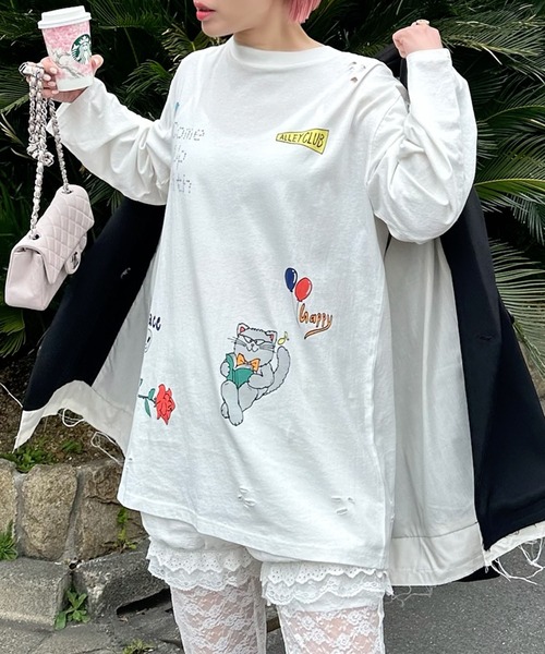 Alley Tokyo(アリートーキョー)の「落書きいっぱいヴィンテージっぽロンT(Tシャツ/カットソー・レディース・オフホワイト/スミクロ・FREE)」の20枚目の写真