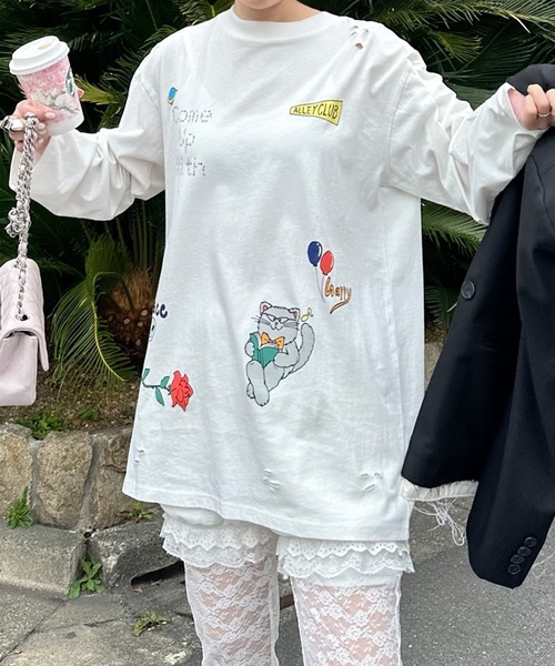 Alley Tokyo(アリートーキョー)の「落書きいっぱいヴィンテージっぽロンT(Tシャツ/カットソー・レディース・オフホワイト/スミクロ・FREE)」の16枚目の写真