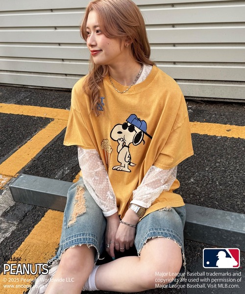 DOUBLE NAME(ダブルネーム)の「MLB×PEANUTSコラボ POPCORN BIG TEE/ドジャース・ヤンキース・カブス・パドレス・メッツ/ピーナッツ/ユニセックス(Tシャツ/カットソー・レディース・オレンジ/ネイビー/ブラウン/ブラック/ブルー・FREE)」の8枚目の写真