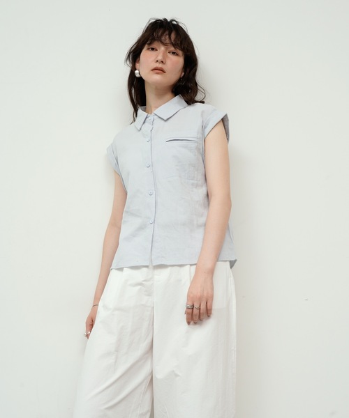 146t*美品 120%lino リネン フレンチスリーブ オープンカラーシャツ Double cuff French sleeve linen style shirt / ダブルカフ
