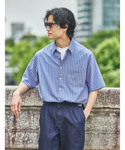 green label relaxing（グリーンレーベルリラクシング）の「ウォッシャブルトロ ジャストルーズ ストライプ 半袖 シャツ  -ストレッチ-（シャツ/ブラウス・メンズ・ホワイト/コバルトブルー/ロイヤルブルー・S/L/M/XL）」の5枚目の写真