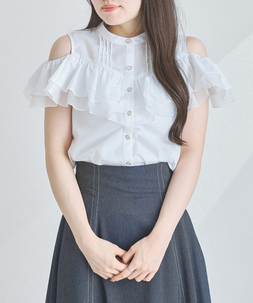アッシュアールエム domestic hrmbrand フリルストレッチブラウス