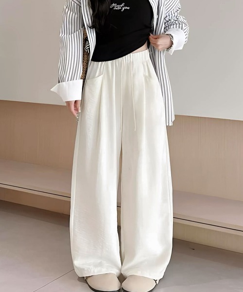 Miniministore(ミニミニストア)の「ワイドパンツウエストゴムストレートパンツ(スラックス・レディース・オフホワイト/ブラック/ブルーグレー/ベージュ/ピンク・FREE)」の1枚目の写真