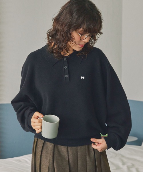 セール】ナンバリング刺繍 スウェットライク ポロニット（ポロシャツ