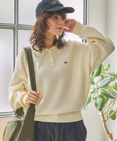 ナンバリング刺繍 スウェットライク ポロニット MONO-MART LADY'S