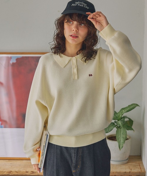 ナンバリング刺繍 スウェットライク ポロニット MONO-MART LADY'S