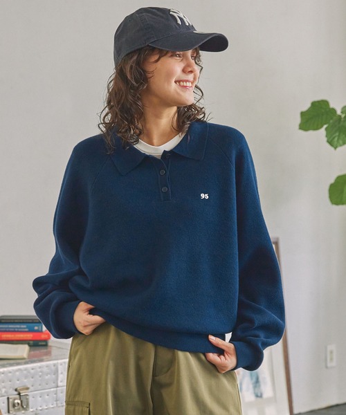 ナンバリング刺繍 スウェットライク ポロニット MONO-MART LADY'S