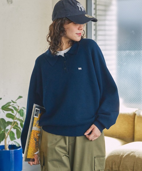 ナンバリング刺繍 スウェットライク ポロニット MONO-MART LADY'S