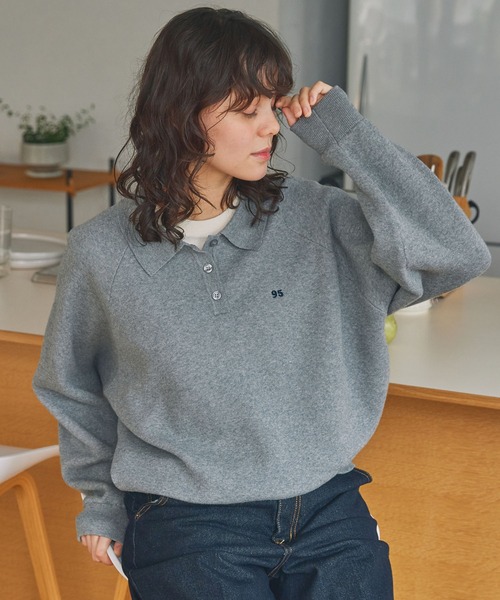ナンバリング刺繍 スウェットライク ポロニット MONO-MART LADY'S