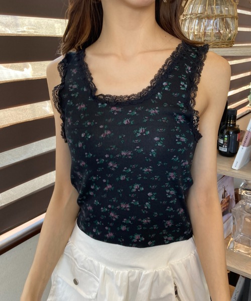 セール】小花柄レース 太ストラップ タンクトップ 夏服（タンク