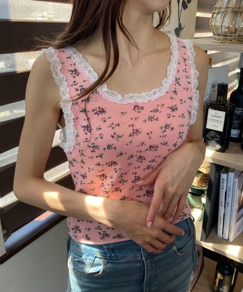 セール】小花柄レース 太ストラップ タンクトップ 夏服（タンクトップ