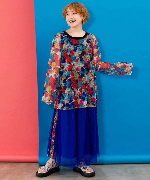 ScoLar（スカラー）の「152702：サイド切替POP柄チュールスカート（スカート・レディース・ブルー/ピンク/ブラック・M）」の3枚目の写真