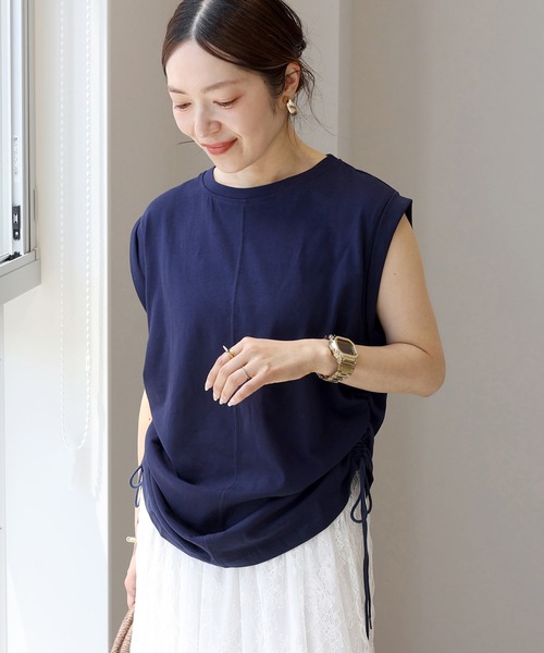 Aletta vita(アレッタビータ)の「綿天竺ドロスト使いフレンチプルオーバー(Tシャツ/カットソー・レディース・オフホワイト/ネイビー・M)」の1枚目の写真