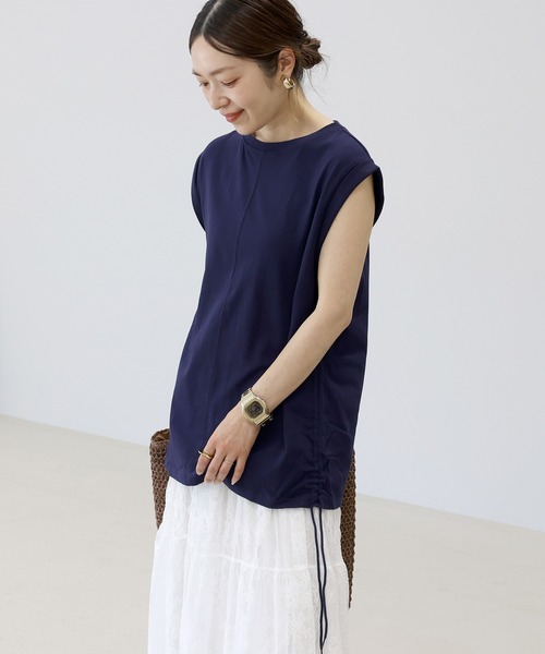 Aletta vita(アレッタビータ)の「綿天竺ドロスト使いフレンチプルオーバー(Tシャツ/カットソー・レディース・オフホワイト/ネイビー・M)」の9枚目の写真