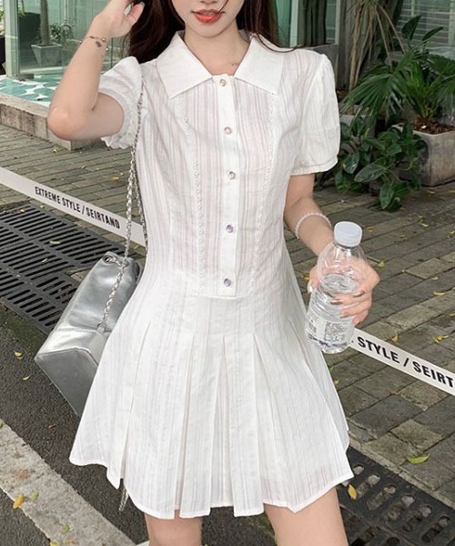 Mayree】プリーツ 切替 半袖 ミニ丈 ワンピース インナーパンツ付き