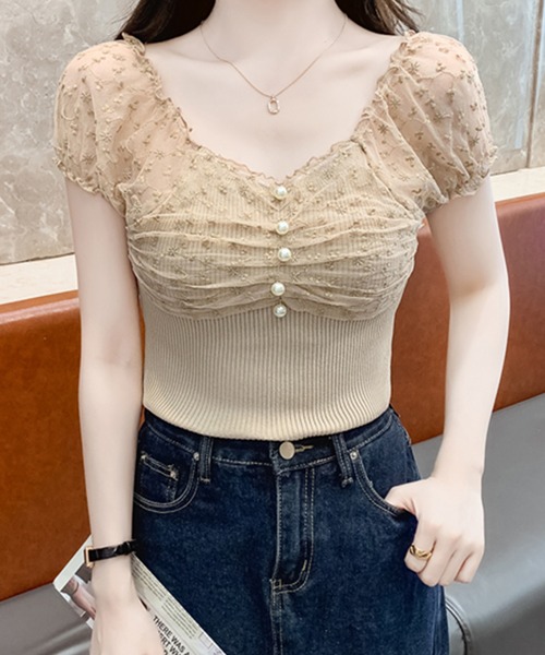 Lace Ladies（レースレディース）の「花柄 シフォン パール付き パフ袖 リブ トップス（Tシャツ/カットソー・レディース・ベージュ/ピンク/ブラック/アイボリー・FREE）」の3枚目の写真