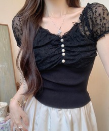 花柄 シフォン パール付き パフ袖 リブ トップス