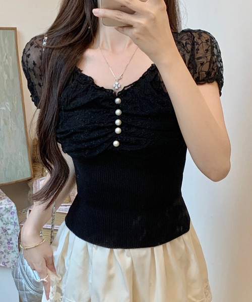 Lace Ladies（レースレディース）の「花柄 シフォン パール付き パフ袖 リブ トップス（Tシャツ/カットソー・レディース・ベージュ/ピンク/ブラック/アイボリー・FREE）」の5枚目の写真