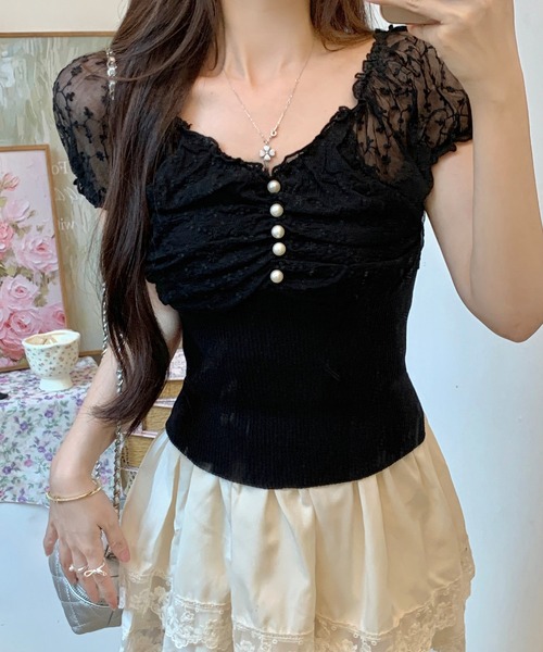 Lace Ladies（レースレディース）の「花柄 シフォン パール付き パフ袖 リブ トップス（Tシャツ/カットソー・レディース・ベージュ/ピンク/ブラック/アイボリー・FREE）」の6枚目の写真