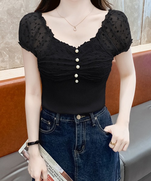 Lace Ladies（レースレディース）の「花柄 シフォン パール付き パフ袖 リブ トップス（Tシャツ/カットソー・レディース・ベージュ/ピンク/ブラック/アイボリー・FREE）」の7枚目の写真