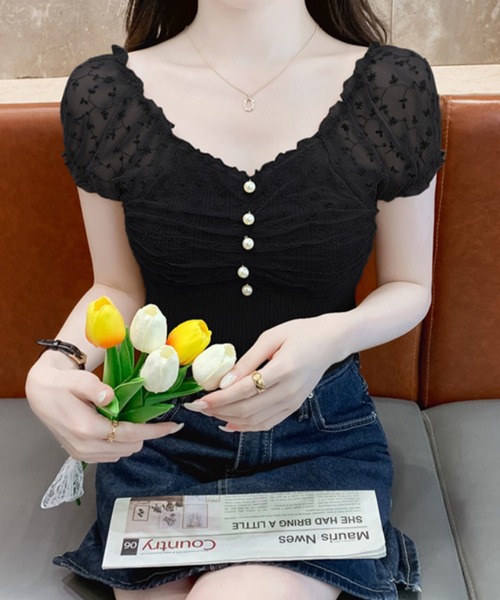 Lace Ladies（レースレディース）の「花柄 シフォン パール付き パフ袖 リブ トップス（Tシャツ/カットソー・レディース・ベージュ/ピンク/ブラック/アイボリー・FREE）」の8枚目の写真