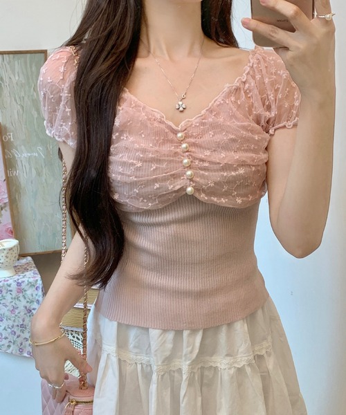 Lace Ladies（レースレディース）の「花柄 シフォン パール付き パフ袖 リブ トップス（Tシャツ/カットソー・レディース・ベージュ/ピンク/ブラック/アイボリー・FREE）」の12枚目の写真