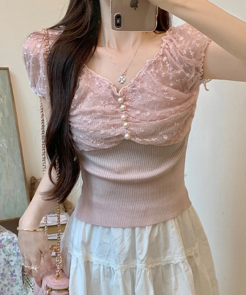 Lace Ladies（レースレディース）の「花柄 シフォン パール付き パフ袖 リブ トップス（Tシャツ/カットソー・レディース・ベージュ/ピンク/ブラック/アイボリー・FREE）」の13枚目の写真