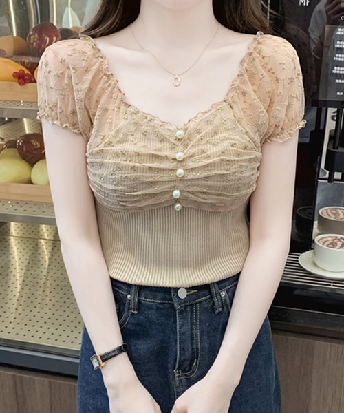 Lace Ladies（レースレディース）の「花柄 シフォン パール付き パフ袖 リブ トップス（Tシャツ/カットソー・レディース・ベージュ/ピンク/ブラック/アイボリー・FREE）」の14枚目の写真