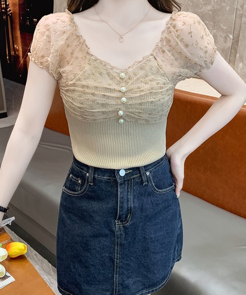 Lace Ladies（レースレディース）の「花柄 シフォン パール付き パフ袖 リブ トップス（Tシャツ/カットソー・レディース・ベージュ/ピンク/ブラック/アイボリー・FREE）」の15枚目の写真