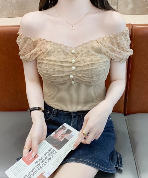 Lace Ladies（レースレディース）の「花柄 シフォン パール付き パフ袖 リブ トップス（Tシャツ/カットソー・レディース・ベージュ/ピンク/ブラック/アイボリー・FREE）」の16枚目の写真