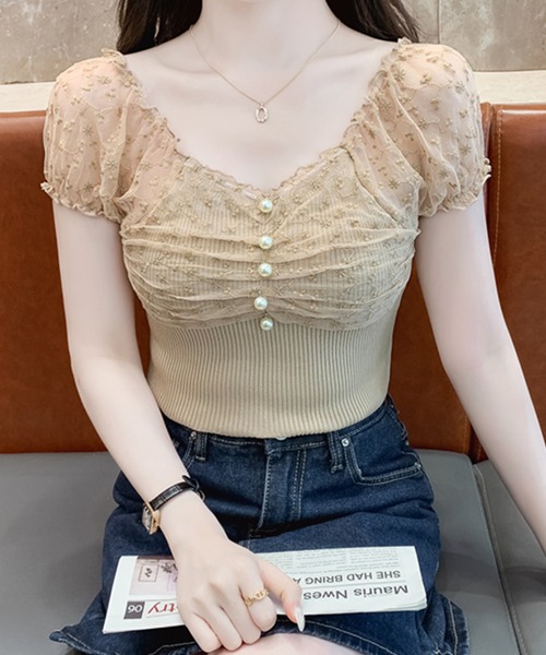 Lace Ladies（レースレディース）の「花柄 シフォン パール付き パフ袖 リブ トップス（Tシャツ/カットソー・レディース・ベージュ/ピンク/ブラック/アイボリー・FREE）」の17枚目の写真